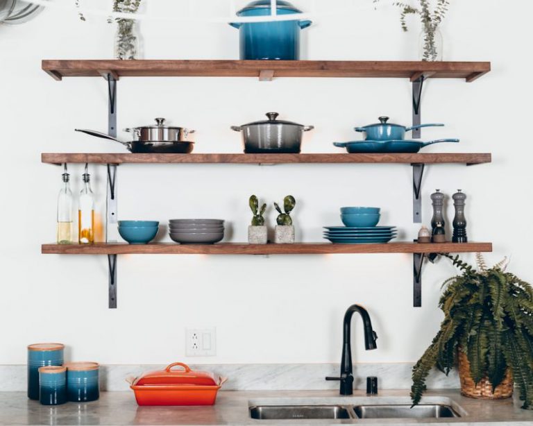 Storage Furniture - cookware set on floating shelves