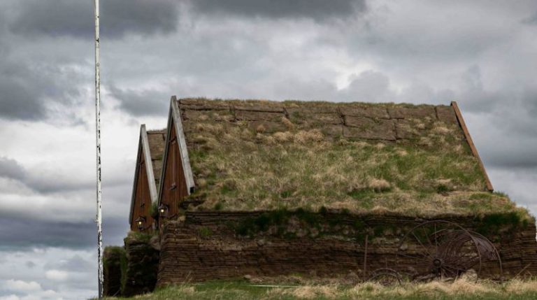 Natural Insulation - a building with a grass roof and a flag on top of it