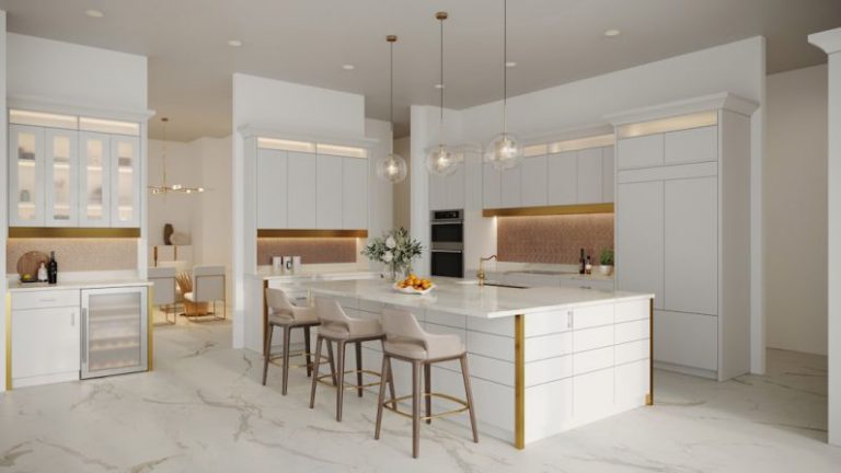 Luxury Home Accents - a kitchen with a marble counter top and white cabinets