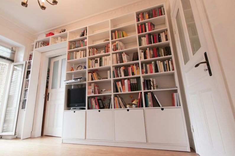 Custom Bookshelf - white wooden book shelves with books