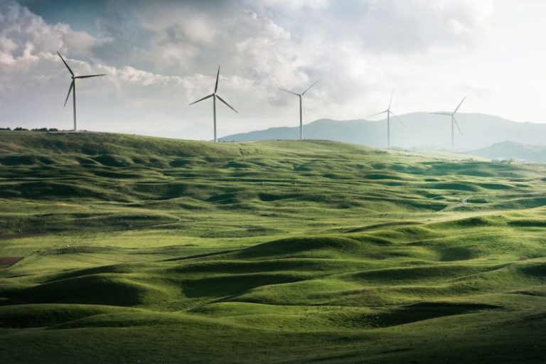 Energy Saving - wind turbine surrounded by grass